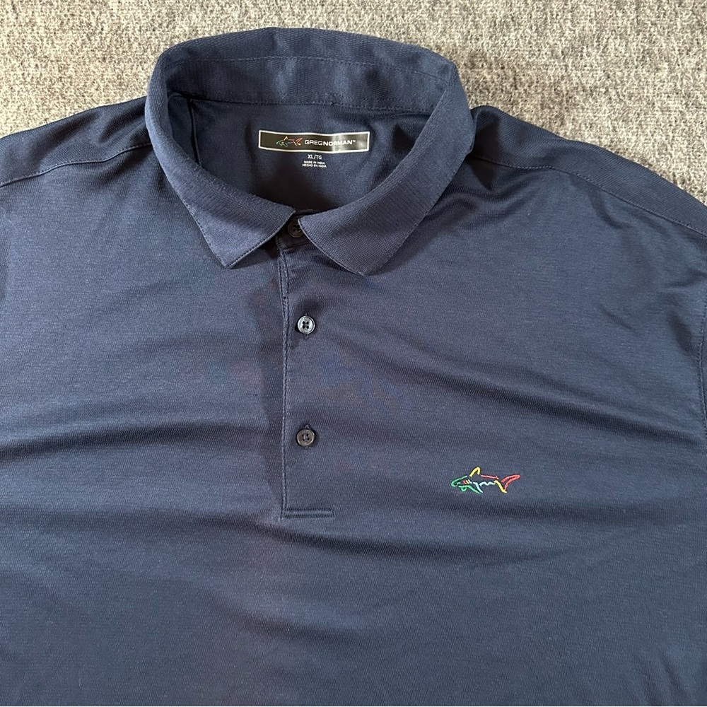 Greg Norman Performance Polo Shirt Mens XLT Navy Long Sleeve Shark Logo Golf Top - Picture 2 of 6